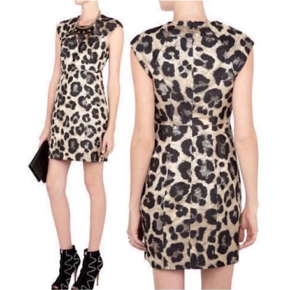 Tibi Animal Print Metallic Mini Dress Gold and Black Womens Size 6